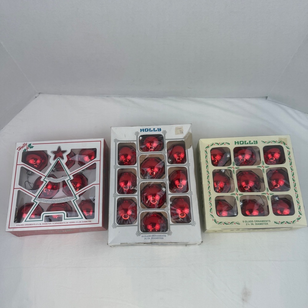 Vintage Holly Red Glass Christmas‎ Ornaments Lot of 27 American Made 2.25 Inch